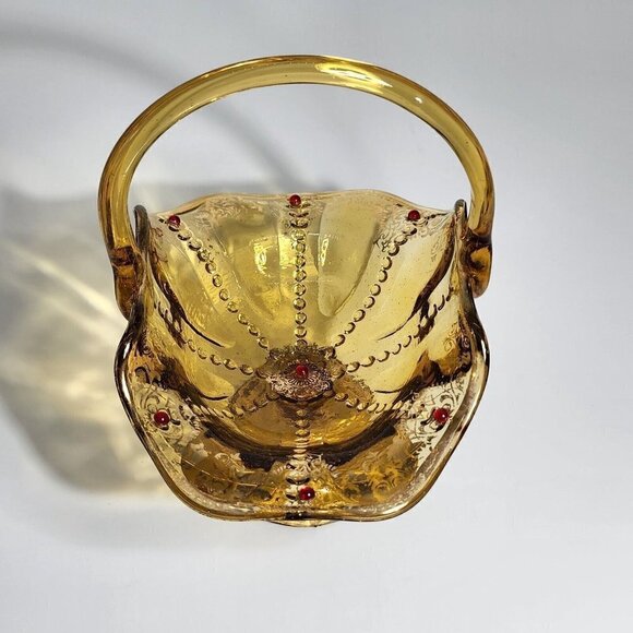 Depression Yellow Glass Circle Dot Design Red Jewels Gold Gilting Mid Century - Picture 12 of 12